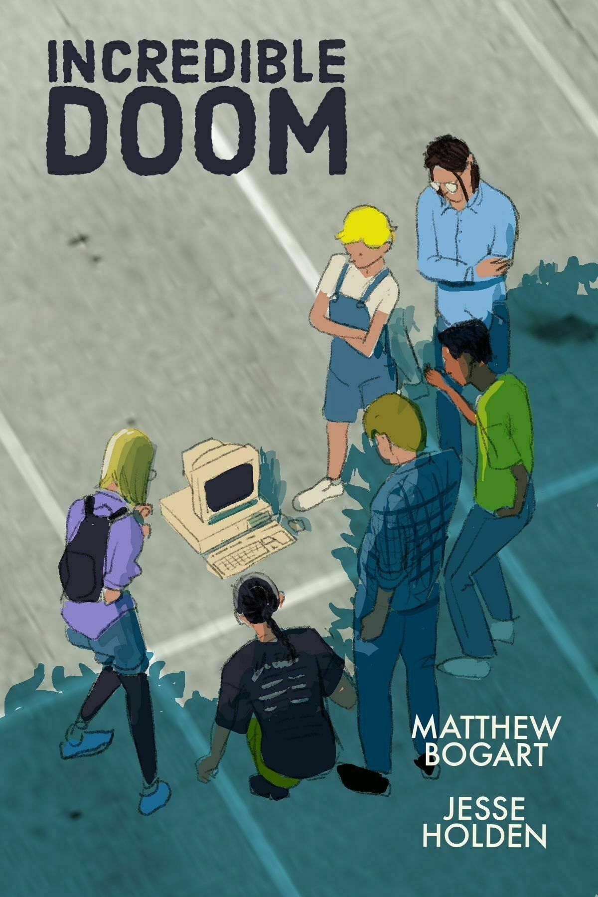 A drawing of a group of teenagers standing in a parking lot looking apprehensively at a 90s computer sitting on the pavement. 